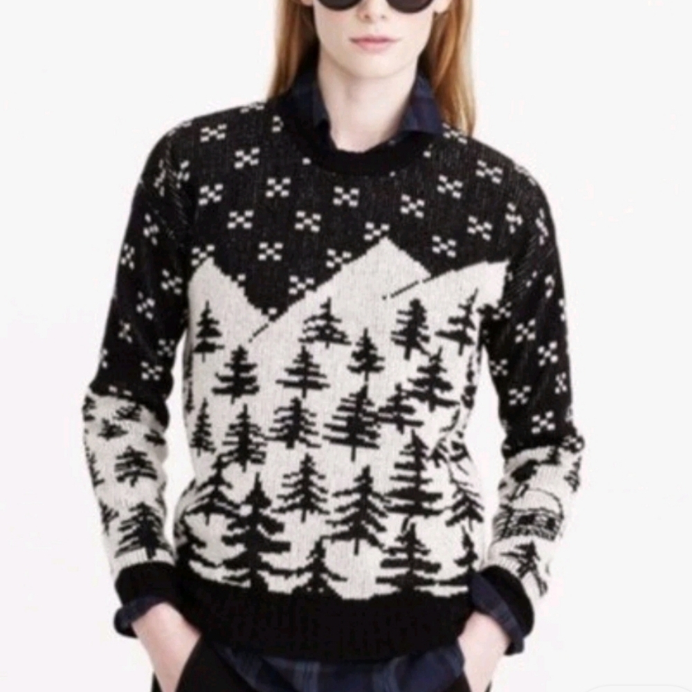 J Crew Sweater XS Novelty Print Tree Cabin Ski Lodge Wool Crew Neck Preppy